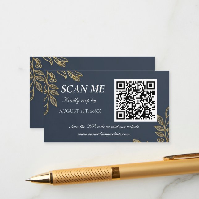 Navy Blue Gold Feather Wedding RSVP Enclosure Card Tilläggskort (Fram/Back In Situ)