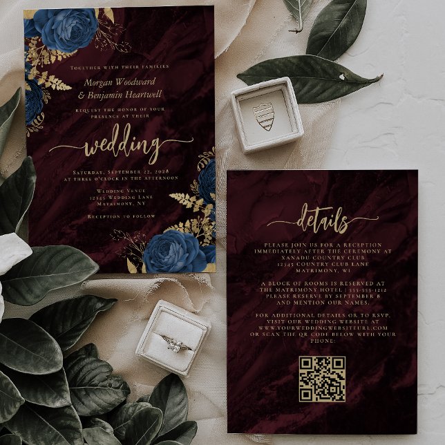 Navy Blue Gold Floral Burgundy QR Code Wedding Inbjudningar (Skapare uppladdad)