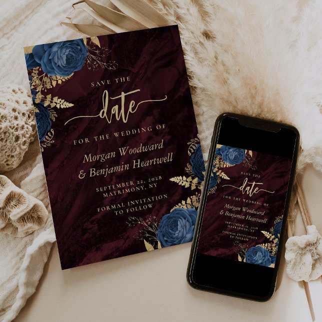 Navy Blue Gold Floral Burgundy Save the Date Inbjudningar (Skapare uppladdad)