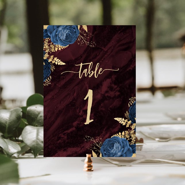 Navy Blue Gold Floral Burgundy Wedding Bordsnummer (Skapare uppladdad)
