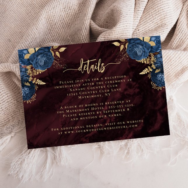 Navy Blue Gold Floral Burgundy Wedding Details Tilläggskort (Skapare uppladdad)