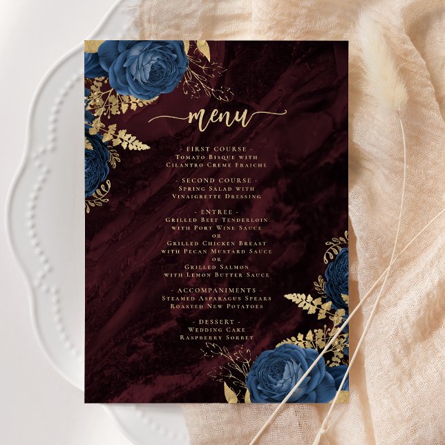 Navy Blue Gold Floral Burgundy Wedding Inbjudningar (Skapare uppladdad)