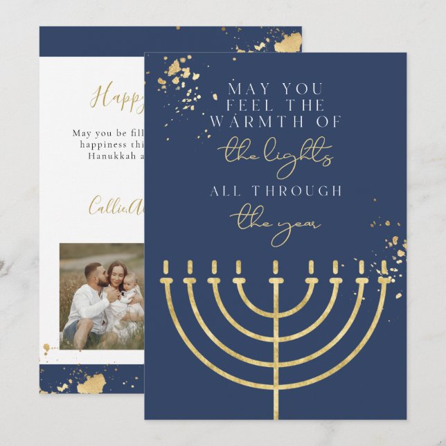 Navy Blue Gold Foil Menorah Hanukkah Card Inbjudningar (Fram/baksida)