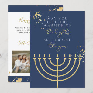 Navy Blue Gold Foil Menorah Hanukkah Card Inbjudningar