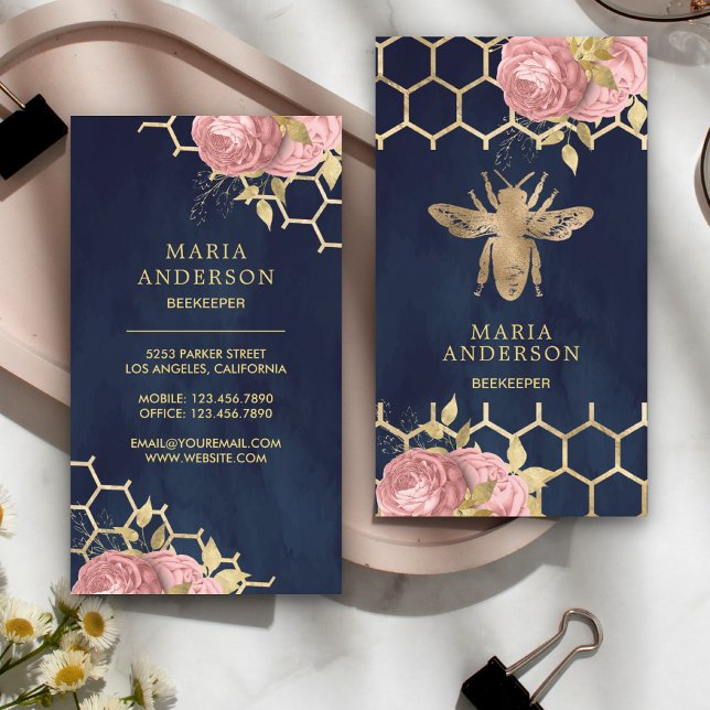 Navy Blue Gold Foil  Rosa Blommigt honey Bee Visitkort (Skapare uppladdad)