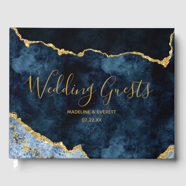 Navy Blue Gold Folie Agat Marmor Förgylld Bröllop Gästböcker (Framsida)