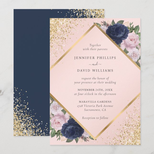 Navy Blue Gold Geometric Blush Pink Floral Wedding Inbjudningar (Fram/baksida)