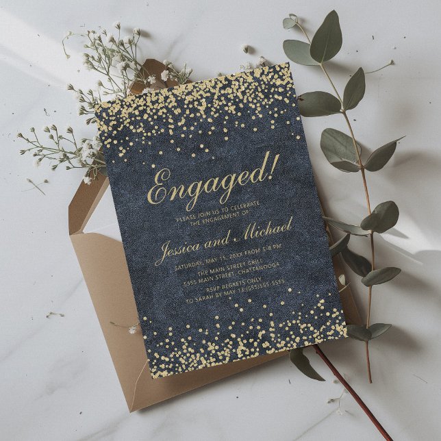 Navy Blue Gold Glitter Bröllop Engagemang Inbjudningar (Navy blue and gold glitter engagement party invitation)