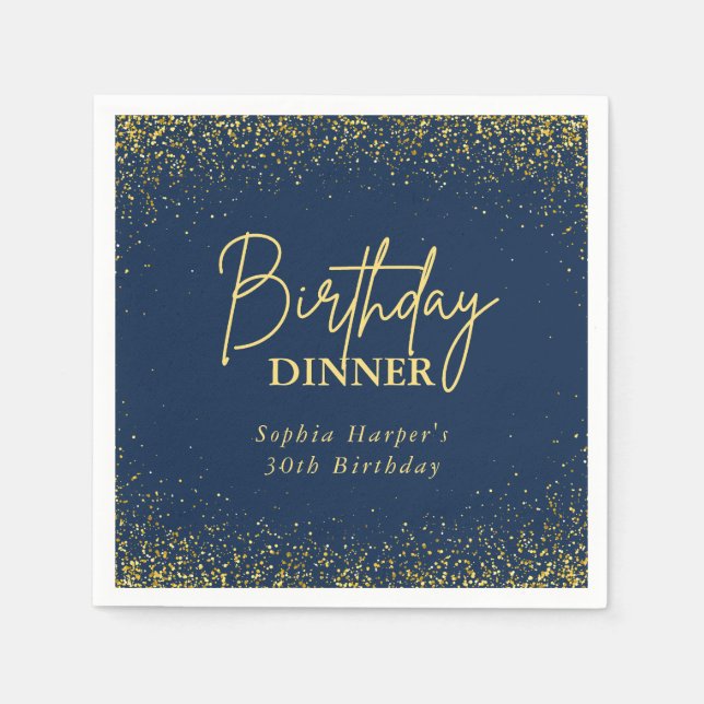 Navy Blue Gold Glitter Confetti Birthday Dinner Pappersservett (Framsidan)