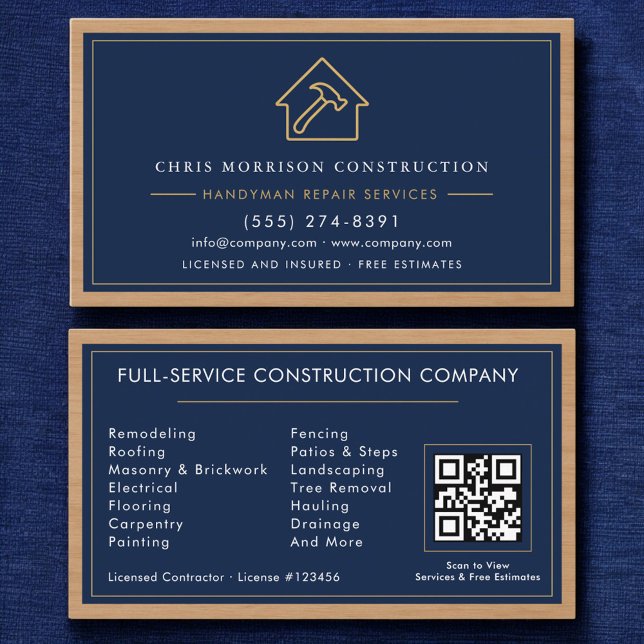 Navy Blue Gold Handyman Wood QR Code Construction Visitkort (Skapare uppladdad)