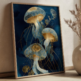 Navy Blue& Gold Jellyfish Kintsugi Ink Art Ocean Poster