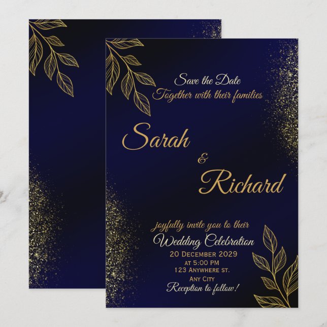 Navy Blue Gold Luxury Wedding Invitation Inbjudningar (Fram/baksida)