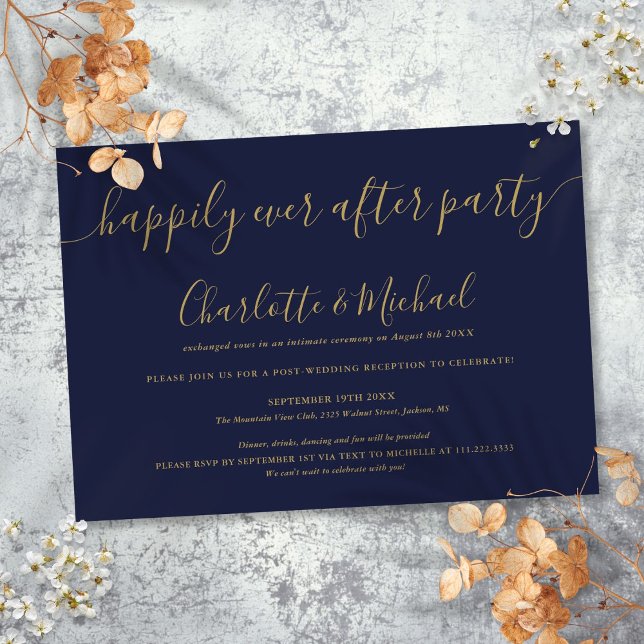 Navy Blue Gold Lyckliga För Evigt Efterfest Bröllo Inbjudningar (Navy Blue Gold Happily Ever After Party Wedding Invitation)