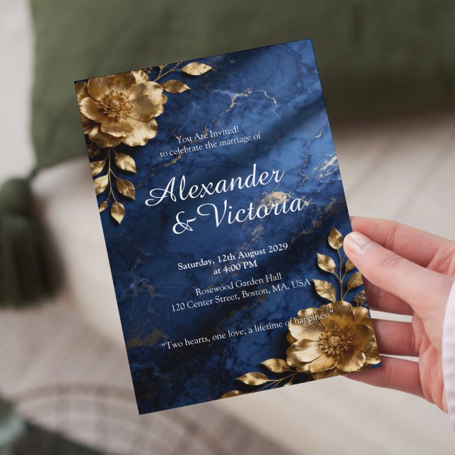 Navy Blue Gold Marble Wedding Invitation Inbjudningar (Skapare uppladdad)