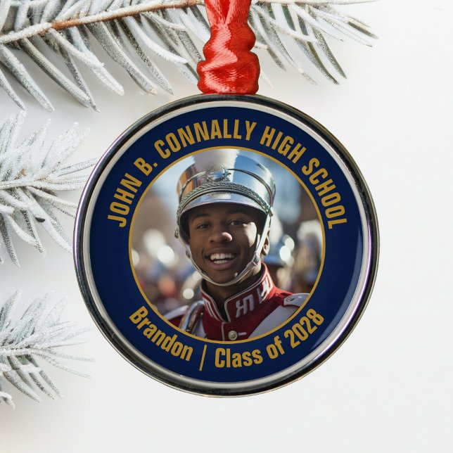 Navy Blue Gold Marching Band Photo Christmas Julgransprydnad Metall (Skapare uppladdad)