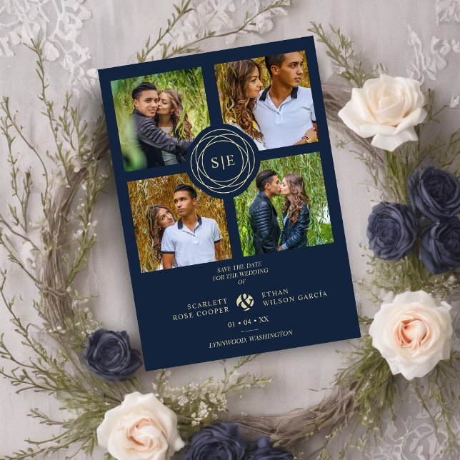 Navy Blue & Gold Minimal Initials 4 Multi Photos Spara Datumet (Navy Blue & Faux Gold Minimal Initials Simple Wedding Fancy 4 Multi Photos Collage Save the Date.)