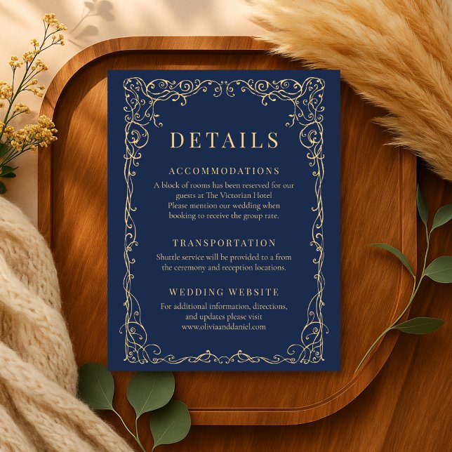 Navy Blue Gold Minimalist Wedding Details Inbjudningar (Skapare uppladdad)