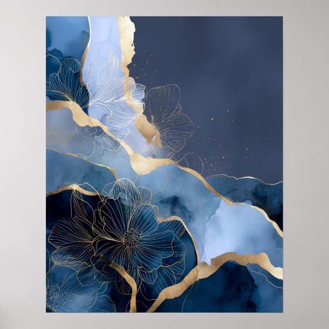 Navy Blue Gold Modern Abstract Flowers Wall Art Poster (Framsidan)