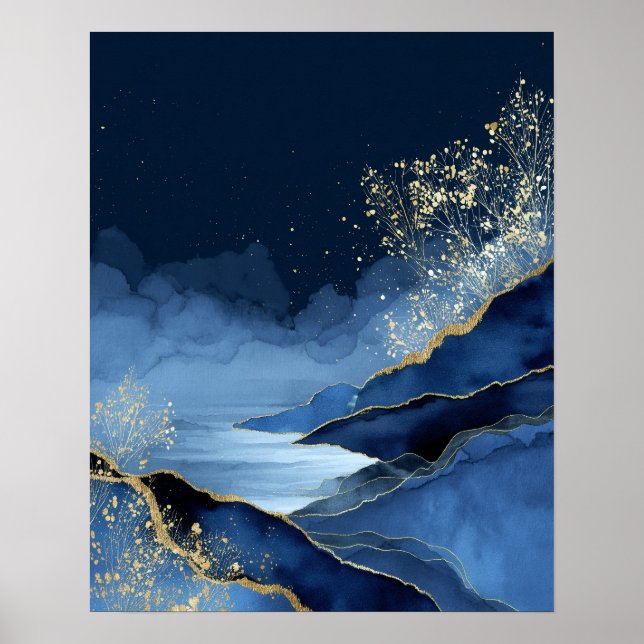 Navy Blue Gold Modern Abstract Landscape Wall Art Poster (Framsidan)