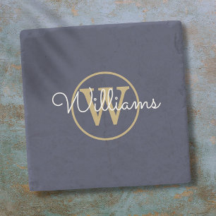 Navy Blue Gold Monogram Skript Namn Stenunderlägg
