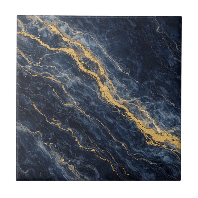 Navy Blue & Gold Naturlig Marmor – Lyxig Kakelplatta (Framsidan)