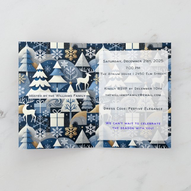 Navy Blue Gold Nordic Christmas Forest Inbjudan (Inuti)