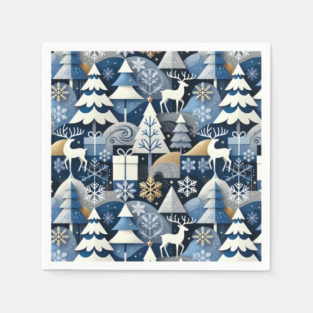 Navy Blue Gold Nordic Christmas Forest Pattern Pappersservett (Framsidan)