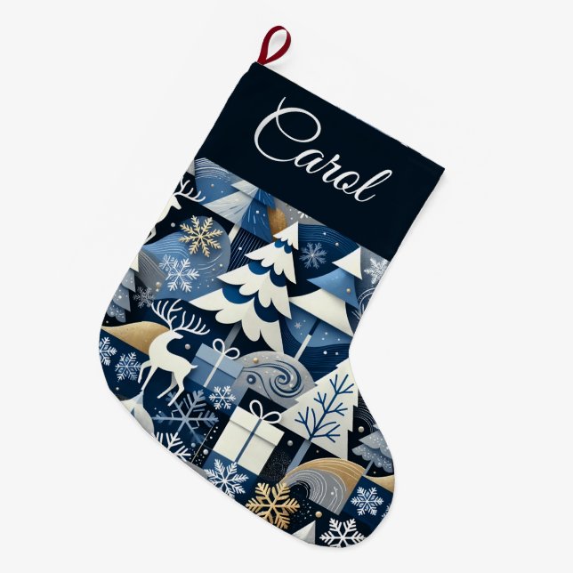 Navy Blue Gold Nordic Christmas Forest Pattern Stor Julstrumpa (Framsidan (Hängande))