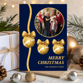 Navy Blue & Gold Ornaments Family Christmas Photo Julkort
