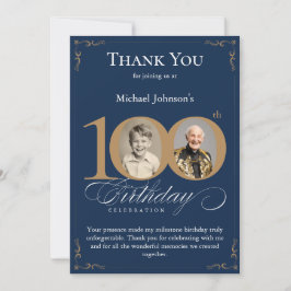 Navy Blue Gold Photo 100th Birthday Thank You Card Inbjudningar
