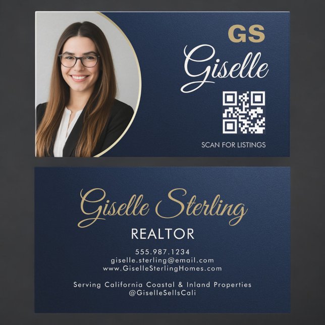 Navy Blue Gold Photo Realtor QR Code Metallic Visitkort (Skapare uppladdad)