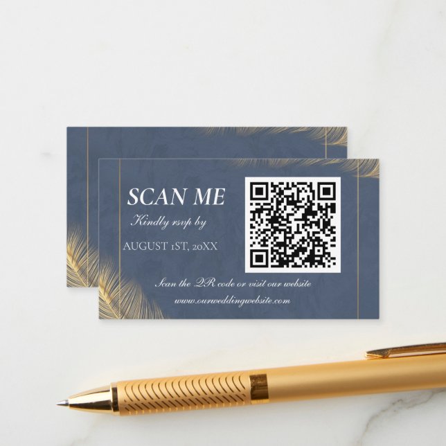 Navy Blue Gold QR Code Digital Wedding RSVP Card Tilläggskort (Fram/Back In Situ)