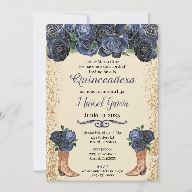 Navy Blue Gold Quinceanera Invitation Floral Blue  (Framsida)