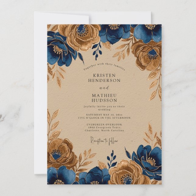 Navy Blue Gold Regal Rustic Wedding Inbjudningar (Framsida)