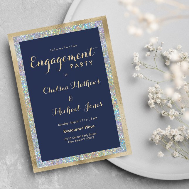 Navy blue gold silver holographic Engagement Party Inbjudningar (Navy blue gold silver holographic Engagement Party )