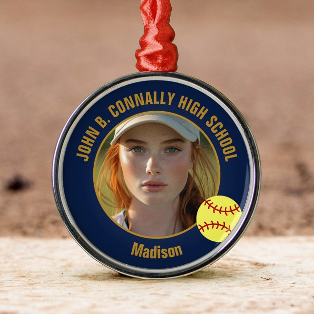 Navy Blue Gold Softball Player Photo Christmas Julgransprydnad Metall (Skapare uppladdad)