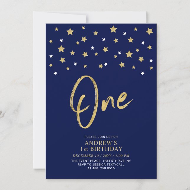 Navy Blue & Gold Star | Ett 1-års födelsedagsfiran Inbjudningar (Framsida)