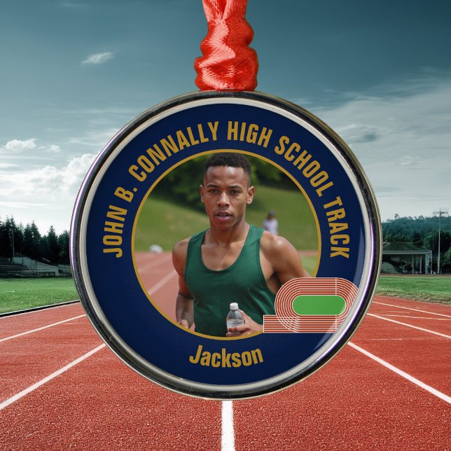 Navy Blue Gold Track & Field Photo Christmas Julgransprydnad Metall (Skapare uppladdad)