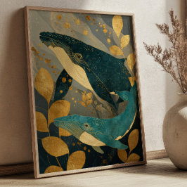 Navy Blue& Gold Whale Illustration Kintsugi Ocean Poster