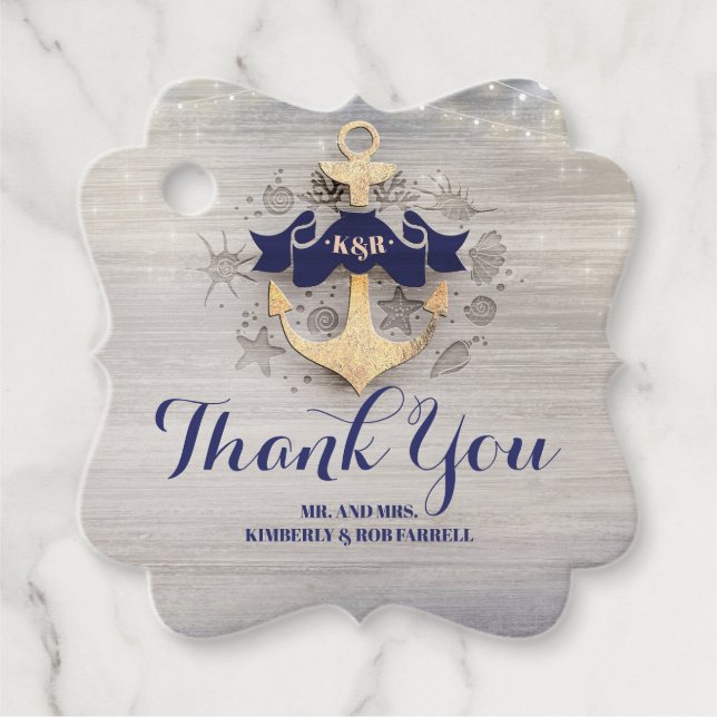 Navy Blue Golden Anchor Marin Tack Gåvor Etiketter (Framsida)