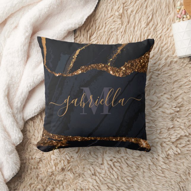 Navy Blue Golden Marble Kudde (Filt)