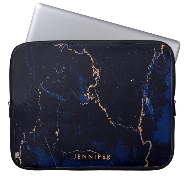 Navy Blue Golden Marble Laptop Fodral (Framsidan)