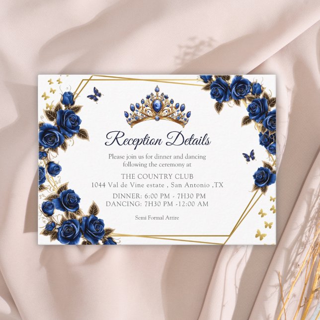 Navy Blue Golden Tiara Roses Butterfly Quinceañera Tilläggskort (Skapare uppladdad)