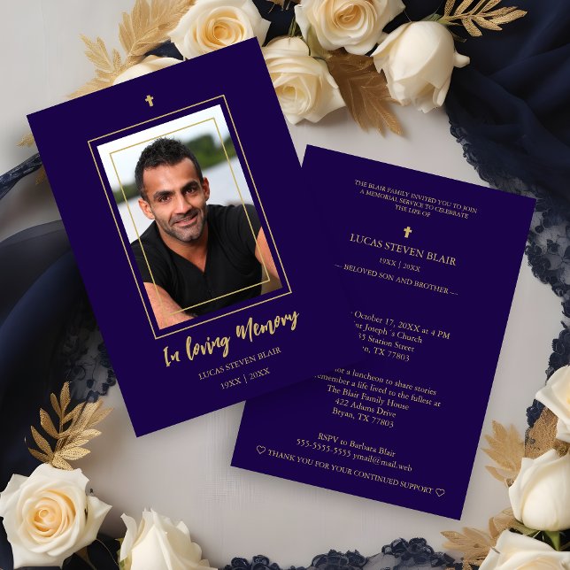 Navy Blue & Golden Traditional Elegant Funeral  Inbjudningar (Navy Blue & Golden Traditional Elegant Funeral Photo Invitation Card. )