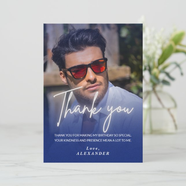 Navy blue Gradient Photo Birthday Thank you card Inbjudningar (Stående Fram)