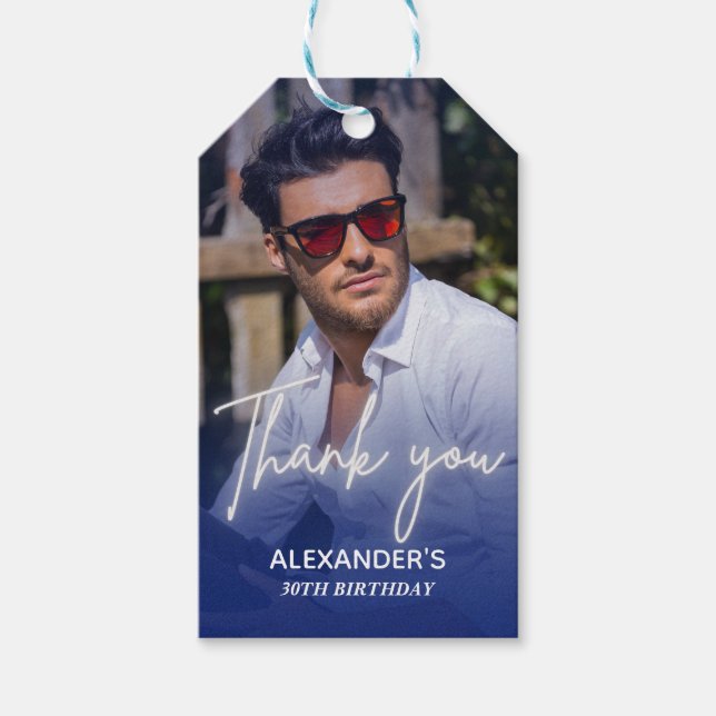 Navy blue Gradient Photo Birthday Thank you Presentetikett (Framsidan)