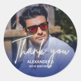 Navy blue Gradient Photo Birthday Thank you Runt Klistermärke
