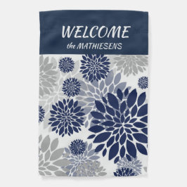 Navy Blue Grått Flower Mönster Welcome Garden Flag