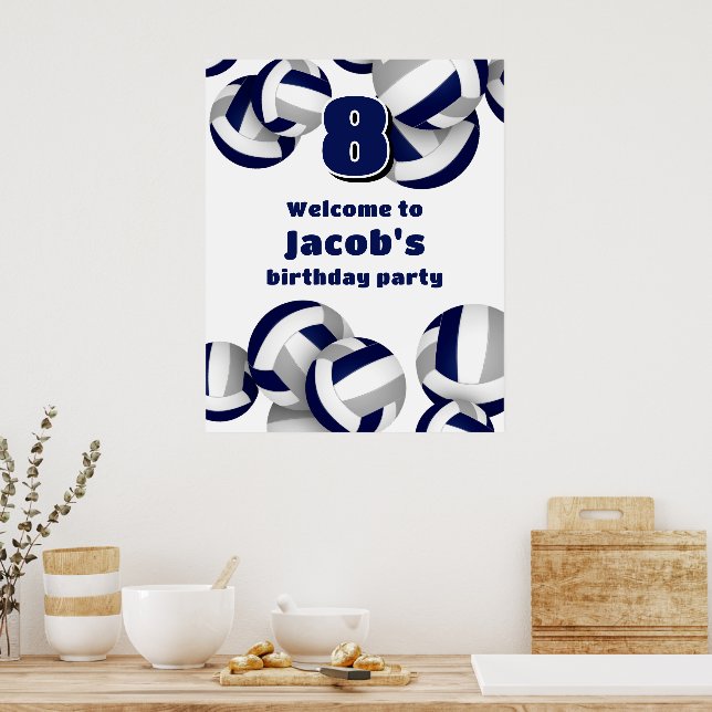 navy blue gray volleyballs birthday party welcome poster (Kök)