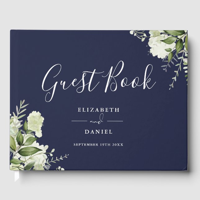 Navy Blue Greenery Floral Photo Wedding Gästböcker (Framsida)